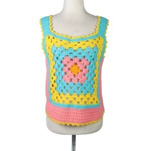 Vintage 70s Blue Yellow Pink Granny Square Crochet Knit Sweater Vest M